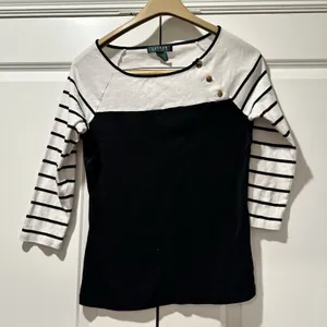 Lauren Ralph Lauren Womens M Black White Colorblock Striped Button Shoulder Top thumbnail 1