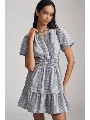 Anthropologie • The Somerset Gingham Mini Dress blue white checked cotton ruffle thumbnail 6
