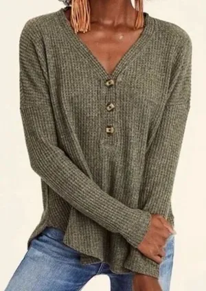 American Eagle Outfitters Soft & Sexy waffle henley top olive green oversized M thumbnail 1