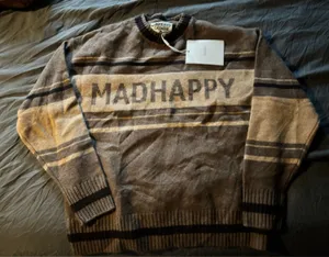 MADHAPPY Brown Striped Logo Crewneck Sweater thumbnail 1