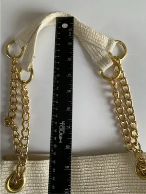 Straw Beach Tote Bag Woven Raffia White Tan Gold Chain Coastal Resort Purse thumbnail 10