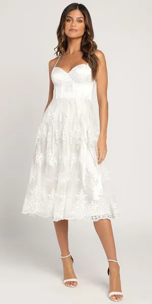 NWT Lulus My Darling Daydreamer White Lace Bustier Midi Dress Cocktail Size S thumbnail 1