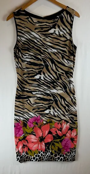 Cache‎ Vintage Womens Tiger Floral Print Midi Dress Brown Pink Sleeveless Size M thumbnail 1