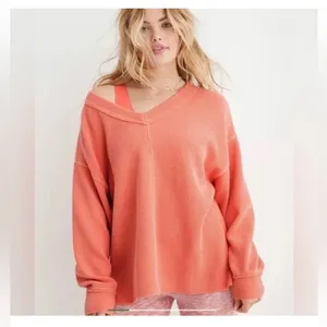 Aerie Cozy V-Neck Ribbed Sweater Women's Size S Orange‎ Loungewear thumbnail 7