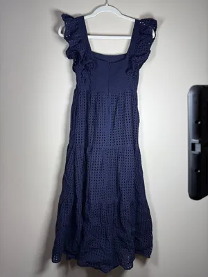 En Saison Tiered Eyelet Ruffle Sleeve Nap Midi Dress Sz XS Navy thumbnail 9