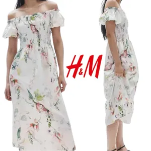 H&M Off-The-Shoulder Poplin Floral Midi Dress – White/Pink/Green Sz L thumbnail 2