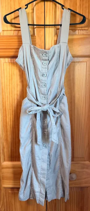 Babaton Aritzia Kofi Dress Size 4 Tan Linen Blend Button Front Midi Apron Belted thumbnail 1
