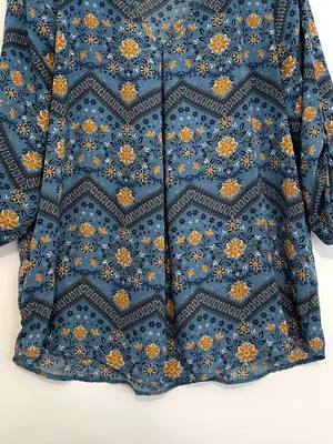 PINK ROSE Blue Mustard Navy Floral Chevron 3/4 Sleeve Roll Tab Sleeve Blouse Top thumbnail 3
