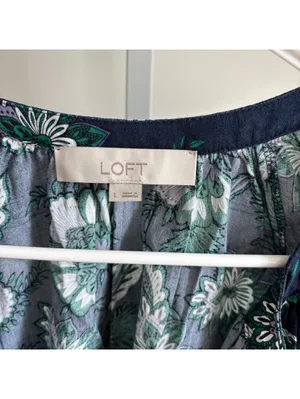 Loft EUC Women's Floral Shirred Tie Neck Blouse Long Sleeve Blue Size L thumbnail 3