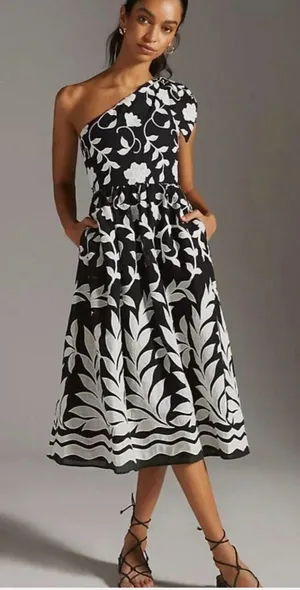 Anthropologie One Shoulder Floral Midi Dress 8 thumbnail 1