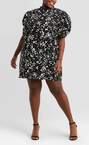 Who What Wear Linen Puff Sleeve Spotted Mini Shift Dress Black White Large thumbnail 1