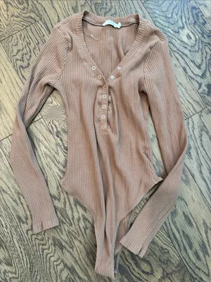 Lush Clothing Ribbed Henley Bodysuit - Rust Brown thumbnail 1