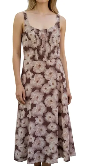 Melloday Brown Floral Tencel Blend Smocked Midi Dress Size Small thumbnail 1