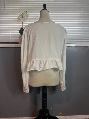 Zara White Embroidered Cotton Crop Blouse Size M Boho Peasant Tie Front thumbnail 7