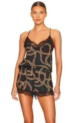 Revolve NWT Plush Chain Link Camisole Shorts Pajama Set Black XS thumbnail 1