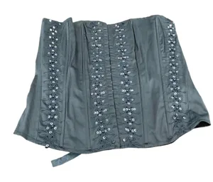Embroidered Sequin Lace Up Corset Top Charcoal Grey Floral Boned Bodice Large‎ thumbnail 1