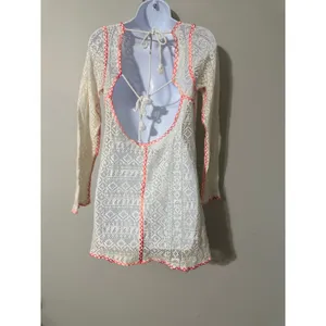 Out‎ From Under Crochet Cover Up Tunic Dress Ivory Orange Trim Backless thumbnail 4