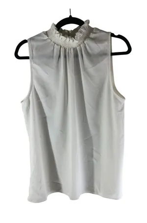 Pearl By Lela Rose White Sleeveless Blouse With Ruffle Neckline Size Large FLAW thumbnail 1