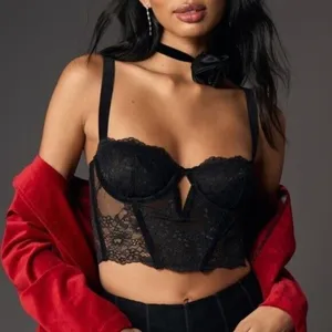 ANTHROPOLOGIE Lace Velvet Corset Top Black Size L NEW thumbnail 2