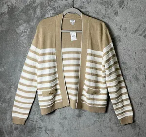 J.Crew Striped Cardigan LG Gold Button Pockets Nautical Khaki Ivory Texture‎ New thumbnail 1