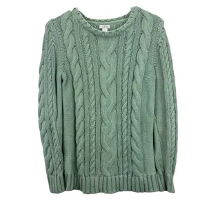 LL Bean Sage Green Double L Mixed Cable Crew Neck Pullover Cotton Sweater XS thumbnail 4