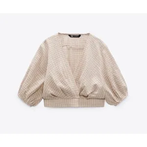 Zara 90s Minimal Plaid Wrap Crop Top Puff Sleeve Blouse S thumbnail 2