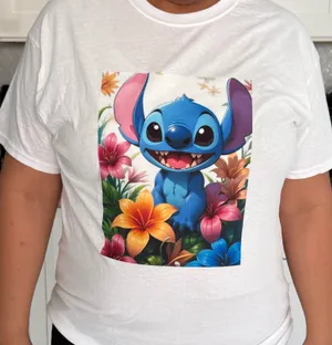 New white t-shirt animated stitch print thumbnail 1