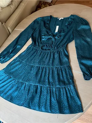 NWT Speechless Teal Jacquard Ruffle Tie Front Cutout Tiered Lightweight Dress L thumbnail 1