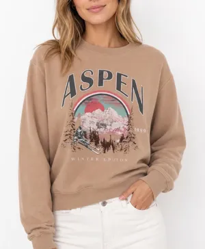 Social Scene Aspen Ski Resort Winter Edition Graphic Sweatshirt Tan XS thumbnail 1