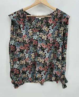 Loft Women Blouse Black Floral Ruffle Sheer Size Medium Dark Feminine‎ Smocked thumbnail 1