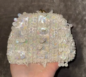 Vintage Iridescent White Sequin and Seed Bead Evening Clutch Bag with Gold Tone thumbnail 1