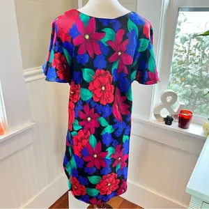 Barbizon Vintage Floral V-Neck Mini Dress Satiny‎ Short Sleeve Large thumbnail 3