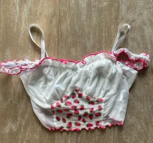 Peasant milkmaid strawberry ruffle open shoulder mesh crop top XS NEW thumbnail 1