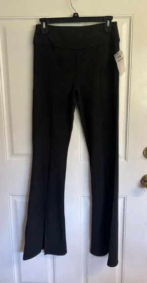 Mona B NWT Med Black Heather wife leg Yoga Flare Front Slit Pants thumbnail 1
