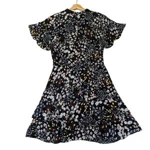 Parker Womens Floral V-Neck Flutter Sleeve Tiered Mini Dress‎ Black Small thumbnail 2