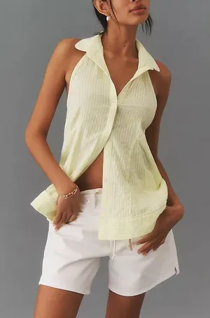 Anthropologie Button-Front Halter Swing Blouse yellow white stripe‎ halter top thumbnail 1