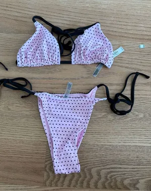Frankie’s bikinis Pink Polka Dot Tie-Bikini with Black Trim thumbnail 1