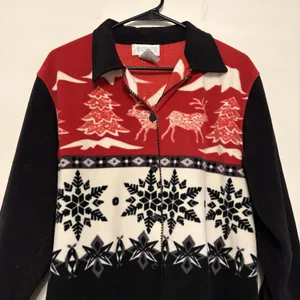 Vintage Fleece Button Up Jacket Collar Small Black Red Winter Reindeer Snowflake thumbnail 2