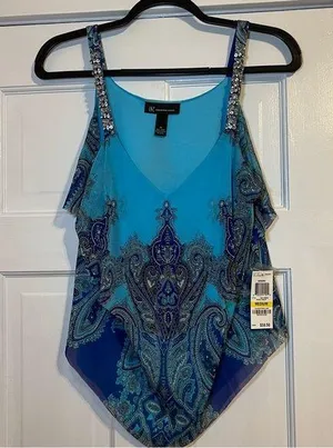 #91 Inc International Concepts Blue Paisley Embellished Top Medium thumbnail 1