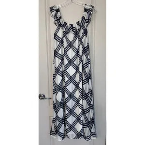 Ann Taylor Navy Blue White Plaid‎ Ruffle Neck Chiffon Midi Dress 6 561128 thumbnail 3