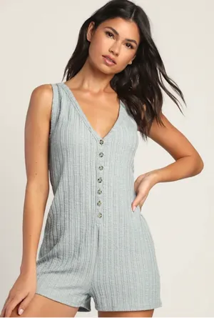 Lulus Let's Go Unwind Sage Green Knit Button-Front Lounge Romper thumbnail 1
