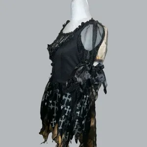 Gothic Black torn shredded look Dress with White Cross Pattern Size L thumbnail 7