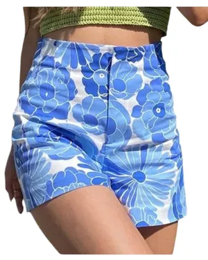 Zara High Waisted Blue Off White Floral Shorts Bright S Retro 70s thumbnail 1