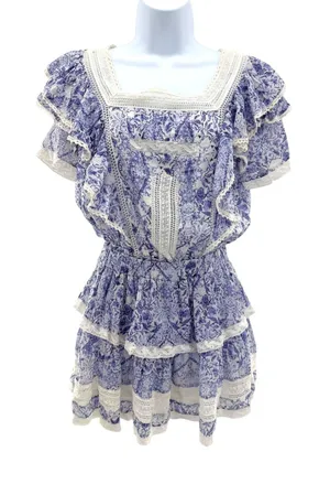 Olivaceous Floral Toile‎ Crochet Lace Tiered Ruffle Dress Cottagecore Small thumbnail 1