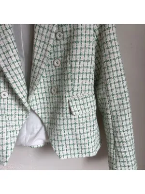 Rachel Zoe Womens Tweed Blazer Small Green White Double Breasted Jacket Plaid thumbnail 3