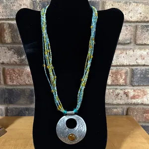 Vintage Blue, Amber, and Yellow seed bead 6 strand medallion southwest necklace thumbnail 1
