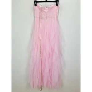 Lulus Delightful Beauty Pink Mesh Strapless Ruched Ruffled Maxi Dress Small NWT thumbnail 6