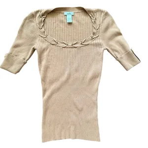 Vintage Cache Y2K Braid Collar 3/4 Sleeve Rib Knit Tan Sweater Minimalist thumbnail 1