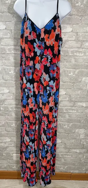 Dee Elly Pleated Floral Wide-Leg Jumpsuit in Black with Red & Blue Flowers thumbnail 1