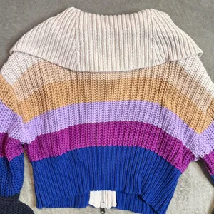 Women's Chunky Knit Colorblock Ribbed Knit Full Zip Sweater Size S Cropped Retro thumbnail 5